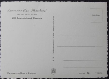 Wartburg 311 Sedan at Townhall Wernigerode 1956 Factorypostcard (8526)